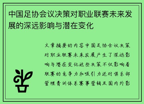 中国足协会议决策对职业联赛未来发展的深远影响与潜在变化