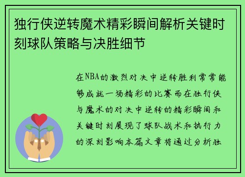 独行侠逆转魔术精彩瞬间解析关键时刻球队策略与决胜细节